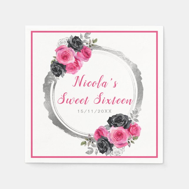 Serviette En Papier Sweet sixteen de Fleurs Élégantes Rose et Argent C (Devant)