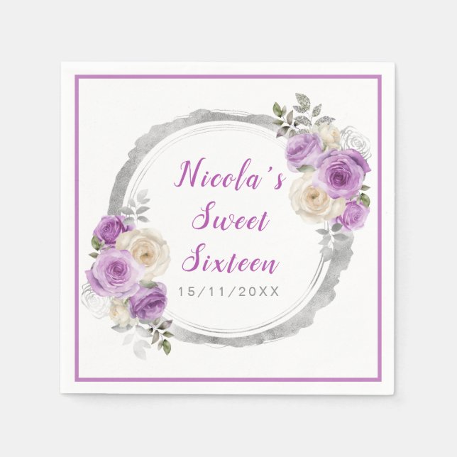 Serviette En Papier Sweet sixteen de fleurs élégantes violet et argent (Devant)