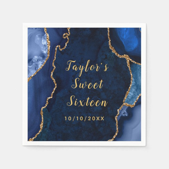Serviette En Papier Sweet sixteen en marbre marbré marine et or (Devant)