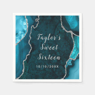 Serviette En Papier Sweet sixteen en marbre turquoise et argenté