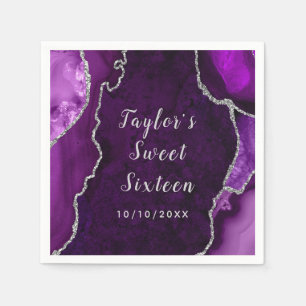 Serviette En Papier Sweet sixteen en marbre violet et argenté