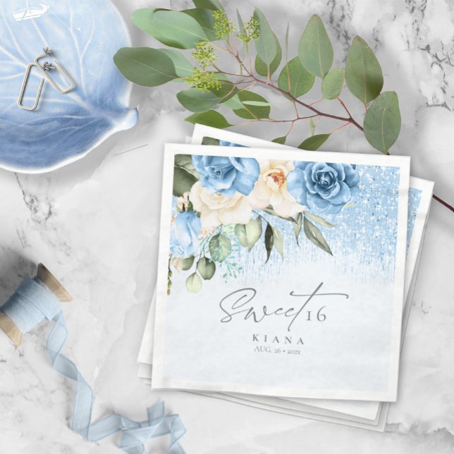 Serviette En Papier Sweet sixteen floral étincelants bleu ID912 (Créateur téléchargé)
