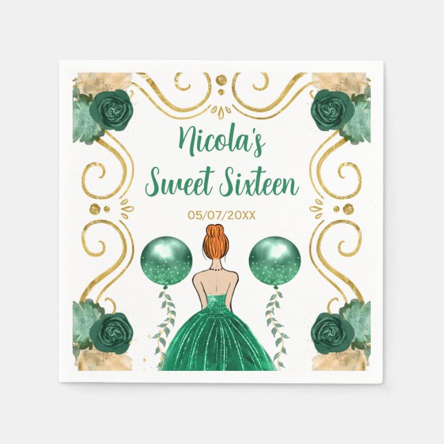 Serviette En Papier Sweet sixteen Red Hair Princesse en vert (Devant)