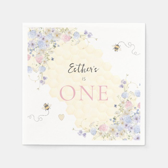 Serviette En Papier Sweet To Bee One Pastel Premier Anniversaire (Devant)