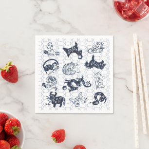 Serviette En Papier Symboles Zodiac du Nouvel An bleu chinois