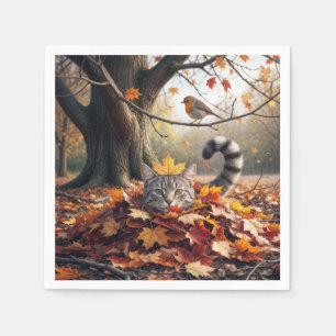 Serviette En Papier Tabby Chat dans un seau de feuilles d'automne