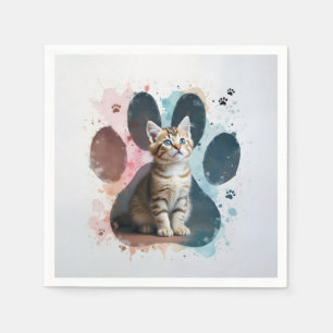 Serviette En Papier Tabby Kitten dans un Empreinte de patte aquarelle