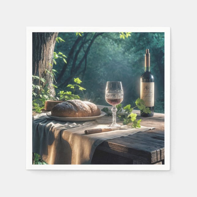 Serviette En Papier Table Rustique Avec Vin Dans Une Forêt (Devant)