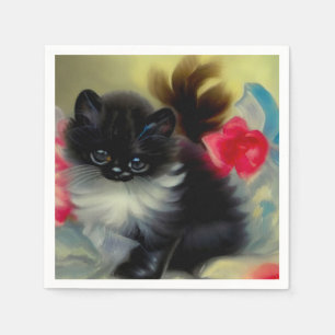 Serviette En Papier Tableau vintage de chaton noir et blanc