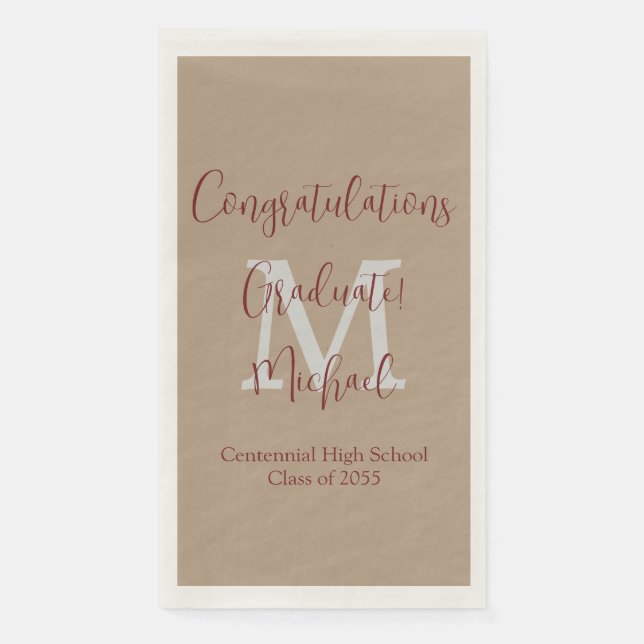 Serviette En Papier Tan et Brown Monogramme Partie minimale de graduat (Devant)