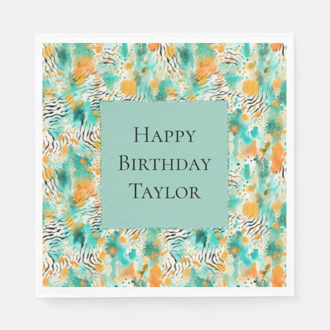 Serviette En Papier Tangerine Turquoise Zebra Abstrait (Devant)