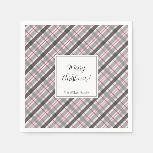 Serviette En Papier Tartan Balmoral Noir Gris Bourgogne Monogramme (Devant)
