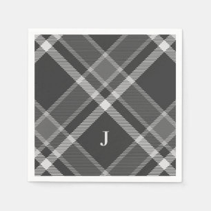 Serviette En Papier Tartan noir et gris rustique avec monogramme