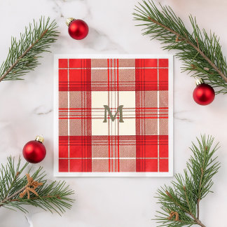 Serviette En Papier tartan rouge et blanc monogramme personnalisé
