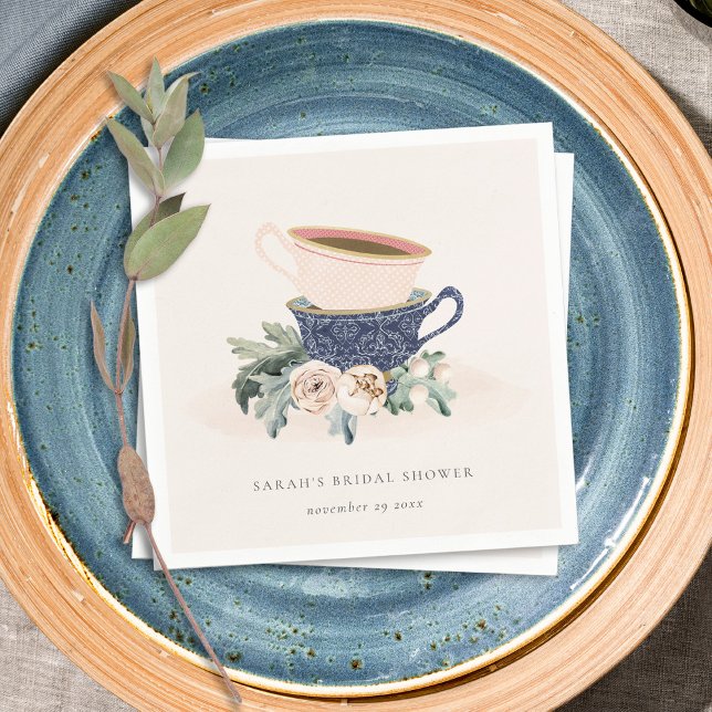 Serviette En Papier Tasses Bleues de Teint Rose Mignon Fête de Mariage (Créateur téléchargé)