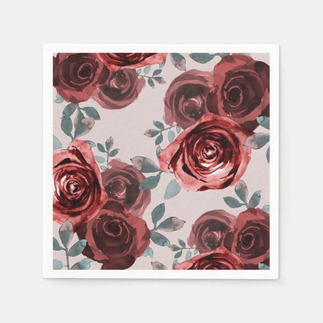 Serviette En Papier Taupe Bourgogne Aquarelle Rose Mariage verte (Devant)