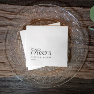Serviette En Papier Tchin Mariage Élégant Simple Noir & Blanc