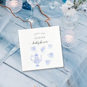 Serviette En Papier Tea Party Blue China White Lace Boy Baby shower