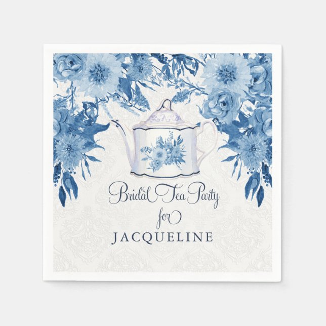 Serviette En Papier Tea Party Fête des mariées Navy Blue n White Flora (Devant)