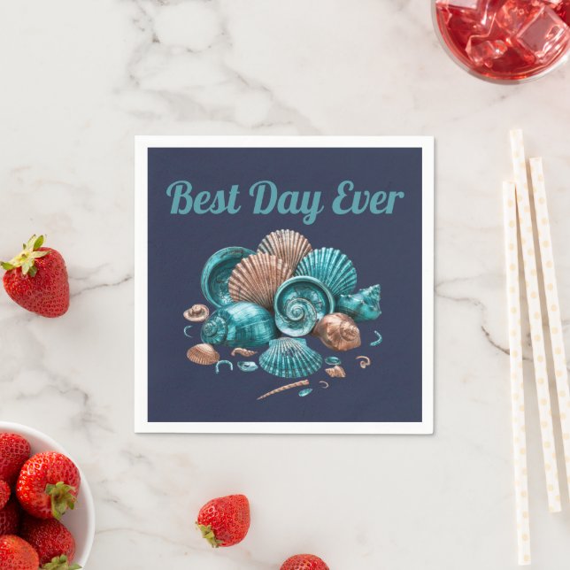 Serviette En Papier Teal Copper Sea Shell Beach Wedding Paper Napkin (En situation)
