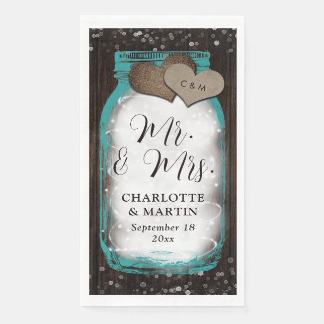 Serviette En Papier Teal Mason Jar Wood Rustic Wedding (Devant)
