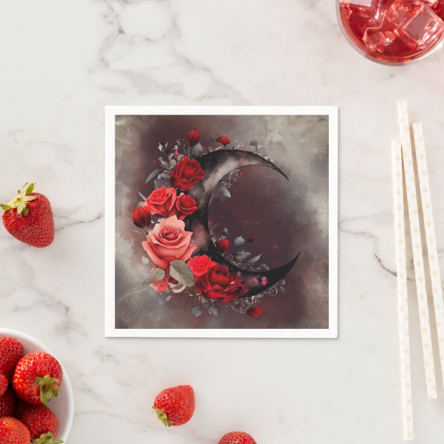 Serviette En Papier Técherie | Lune de croissant avec des roses rouges (En situation)