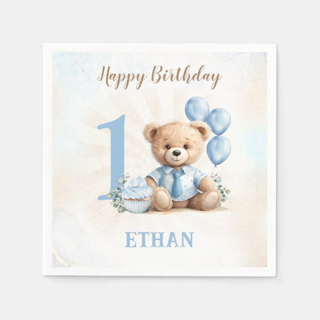 Serviette En Papier Teddy Bear 1er Anniversaire Papier Bleu Beige Napl (Devant)