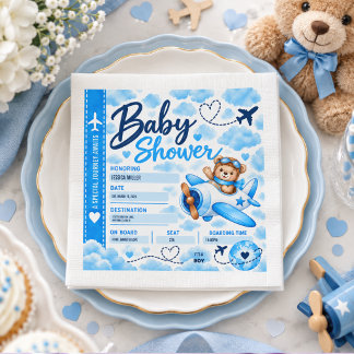 Serviette En Papier Teddy Bear Airplane Boarding Pass Boy Baby Shower