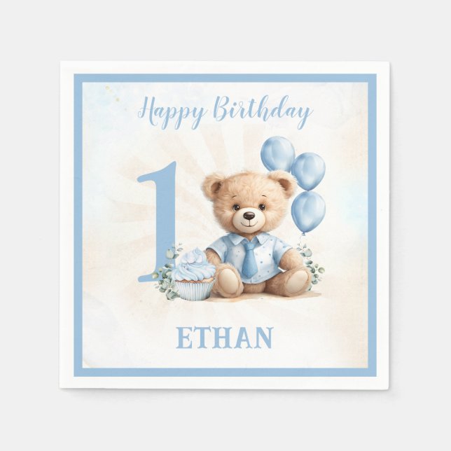 Serviette En Papier Teddy Bear Anniversaire Garçon Bleu Beige Papier N (Devant)
