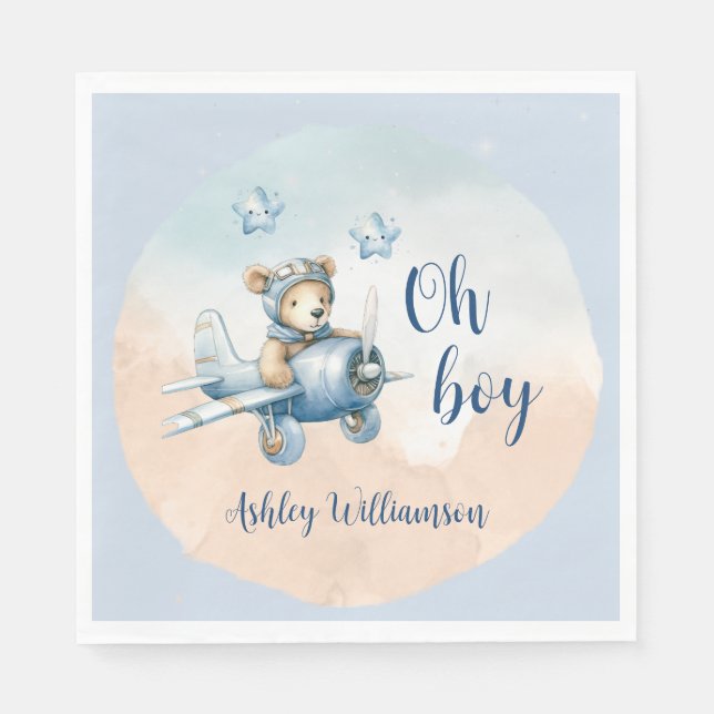 Serviette En Papier Teddy Bear Aviator Oh Boy Baby shower (Devant)