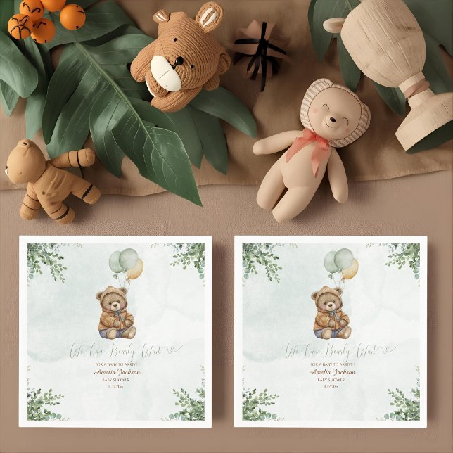 Serviette En Papier Teddy Bear Brown Sage Green Balloons Baby (Créateur téléchargé)