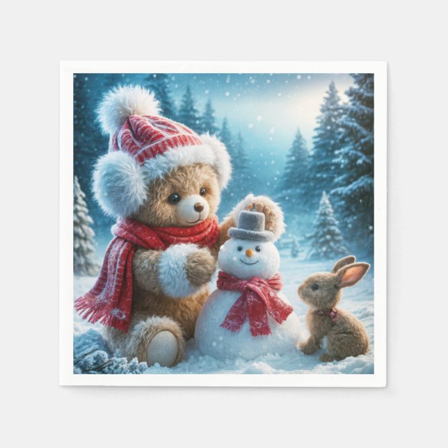 Serviette En Papier Teddy Bear Construire un Snowman (Devant)