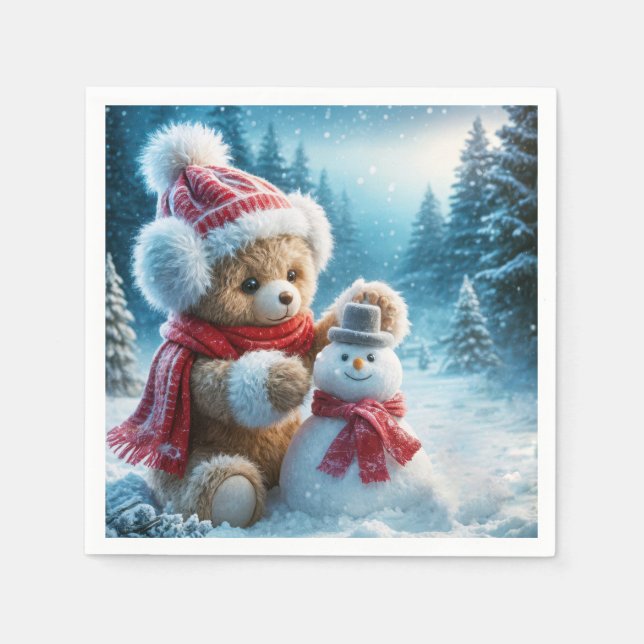 Serviette En Papier Teddy Bear Construire un Snowman (Devant)