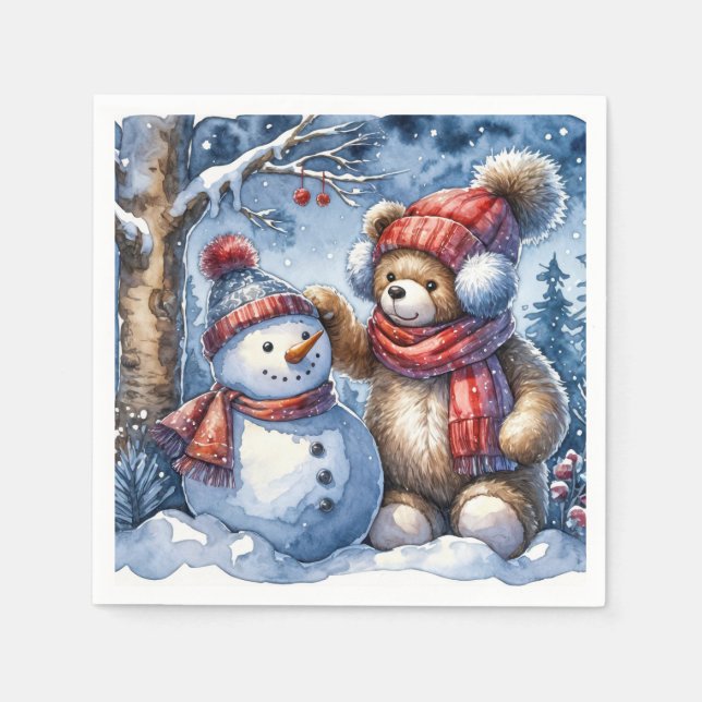 Serviette En Papier Teddy Bear et Snowman (Devant)