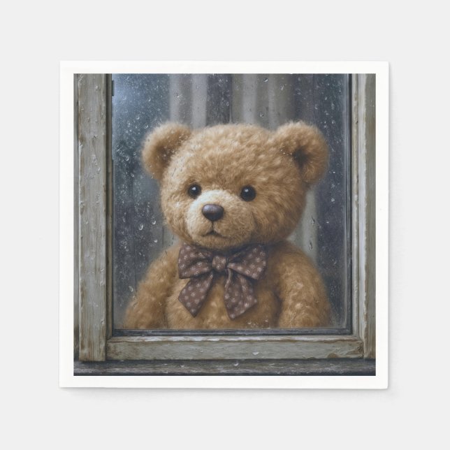 Serviette En Papier Teddy Bear Gazing Out of a Rainy Window (Devant)