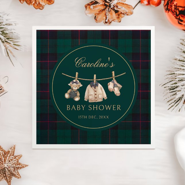 Serviette En Papier Teddy Bear Green Tartan Baby Shower Napkins (Créateur téléchargé)