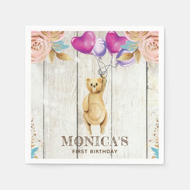 Serviette En Papier Teddy Bear personnalisé Anniversaire rustique (Devant)
