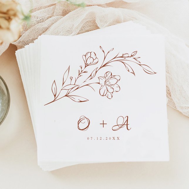 Serviette En Papier Terracotta Floral Élégant Couple Monogram Mariage (Créateur téléchargé)