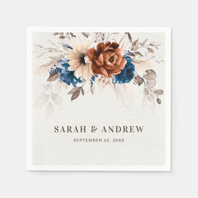 Serviette En Papier Terracotta Marine Bleu Pampas Grass Mariage rustiq (Devant)