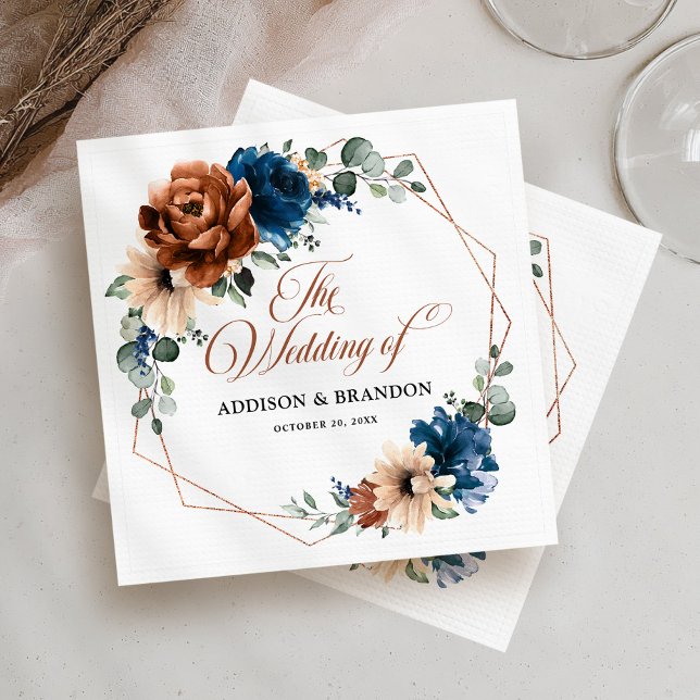 Serviette En Papier Terracotta Marine Bleu Vert Mariage géométrique (Terracotta Navy Blue Greenery Geometric Wedding Napkins)