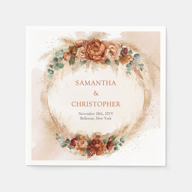 Serviette En Papier Terracotta tendance fleurs bordeaux verdure pampas (Devant)