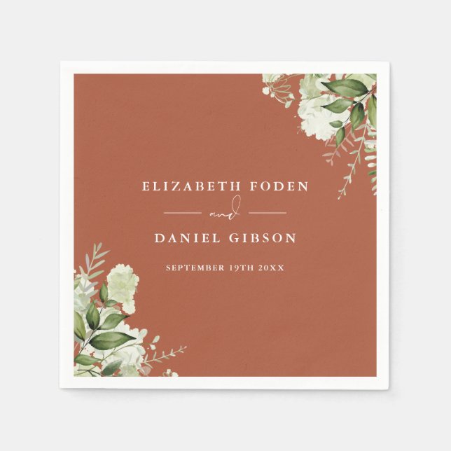 Serviette En Papier Terracotta Vert Floral Élégant Noms Date (Devant)