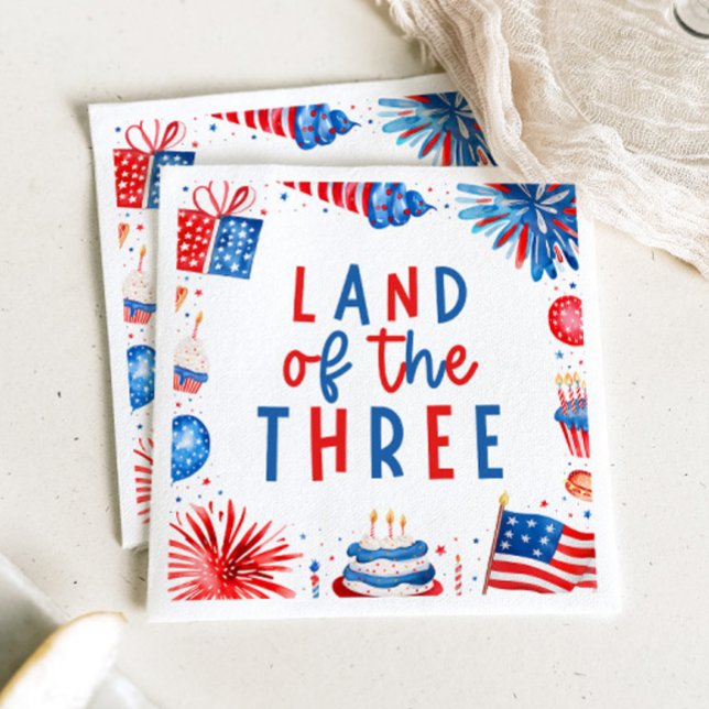 Serviette En Papier Terre Des Trois 4 juillet 3e Fête D'Anniversaire (Land Of The Three 4th of July 3rd Birthday Party Paper Dinner Napkins)