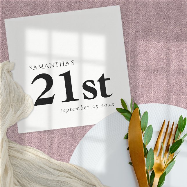 Serviette En Papier Texte noir personnalisé moderne 21e Nom Date (Créateur téléchargé)