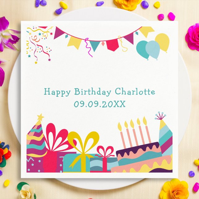 Serviette En Papier Texte Personnalisé Fête d'anniversaire colorée (Créateur téléchargé)