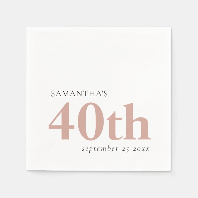 Serviette En Papier Texte personnalisé moderne rose pâle 40e Nom Date (Devant)