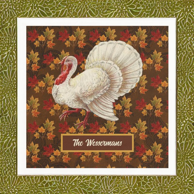 Serviette En Papier Thanksgiving Blanc Turquie automne quitte Monogram (Créateur téléchargé)