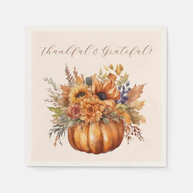 Serviette En Papier Thanksgiving - Citrouille avec Fleurs- (Devant)
