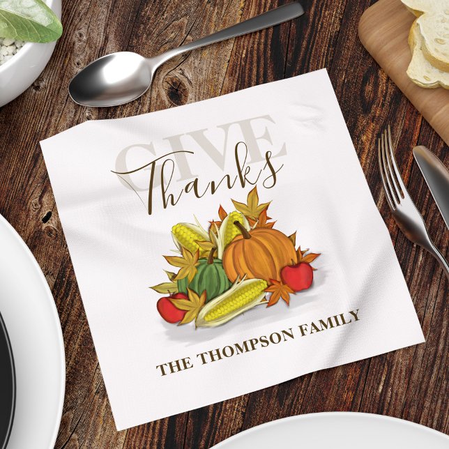 Serviette En Papier Thanksgiving Simple Automne Harvest Donner Merci (Give thanks Thanksgiving fall Autumn themed custom paper napkin.)