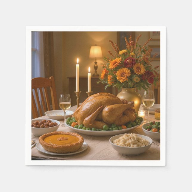 Serviette En Papier Thanksgiving Turkey Feast With Candles (Devant)